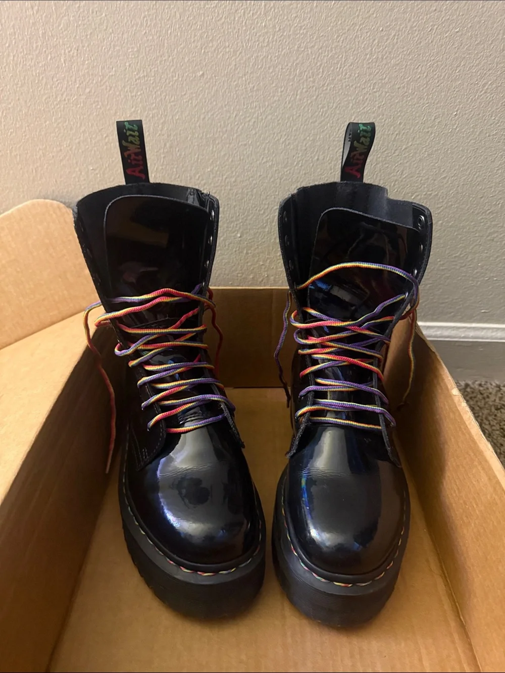 Unisex Dr. Martens Jadon HI Rainbow Patent Platform Boots with Iridescent